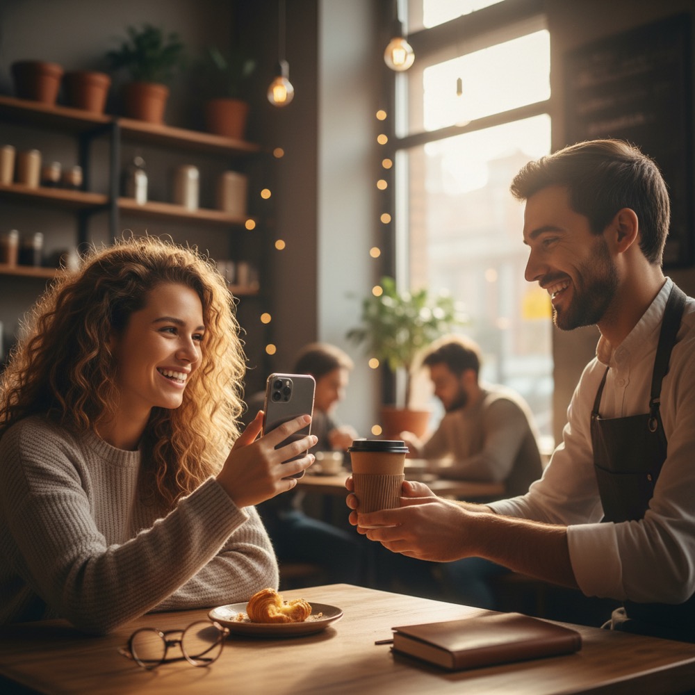 Regular customer collecting rewards on her phone at a cafe