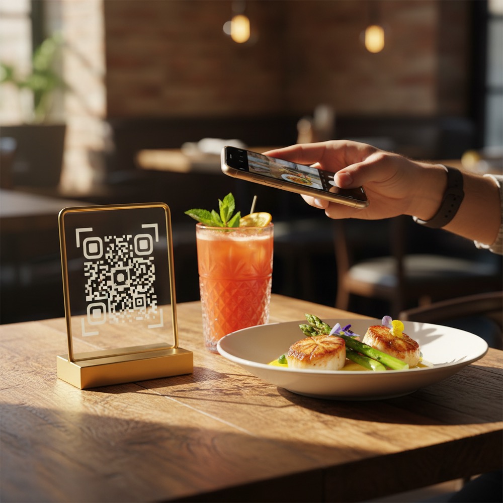 Customer scanning a QR menu at a restaurant table